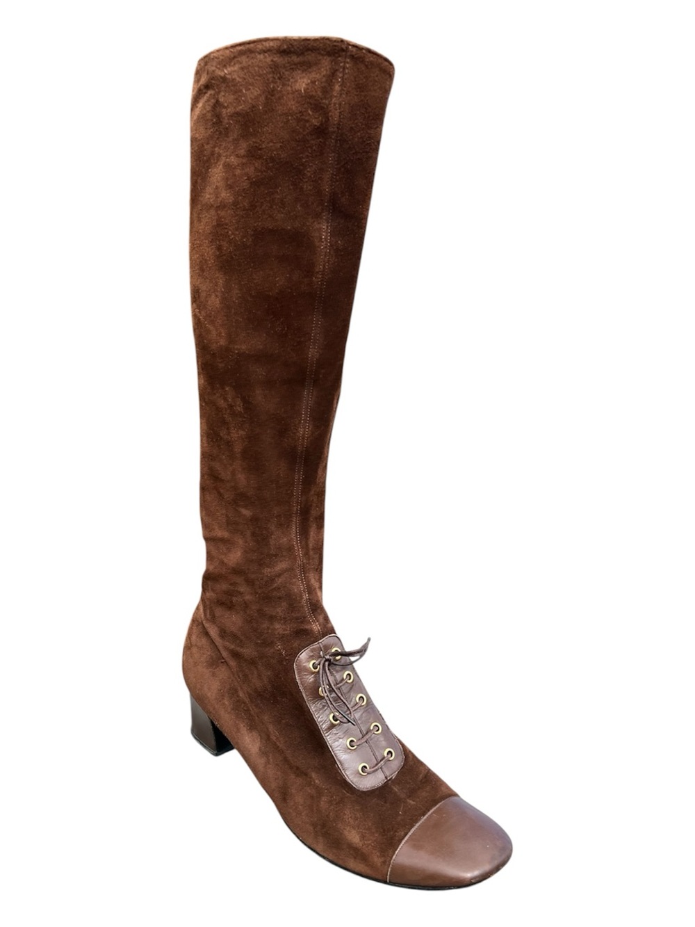 Roger Vivier Brown Suede Knee High Heeled Lace-Up Boot Vintage Size 9